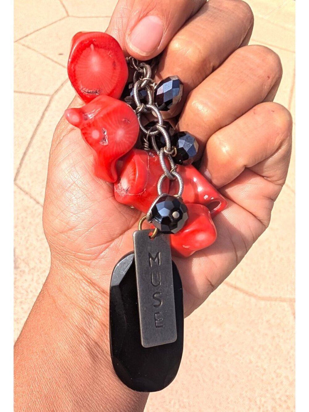 Muse Keychain or Bag Charm Red Coral Beads Black Faceted Beads Metal Chain